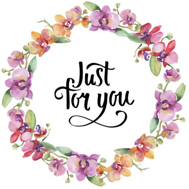 Orkide buketleri çiçek botanik çiçekler. Suluboya arka plan illüstrasyon seti. Çerçeve kenarlık süs karesi.