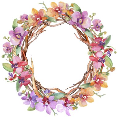 Orkide buketleri çiçek botanik çiçekler. Suluboya arka plan illüstrasyon seti. Çerçeve kenarlık süs karesi.