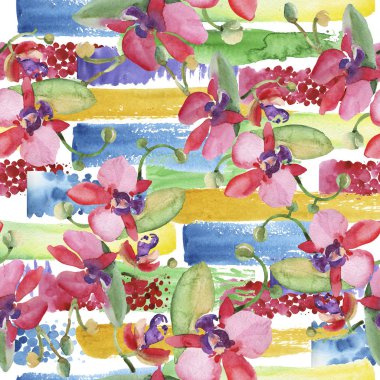 Orkide buketleri çiçek botanik çiçekler. Suluboya arka plan illüstrasyon seti. Kesintisiz arka plan deseni.