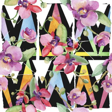 Orkide buketleri çiçek botanik çiçekler. Suluboya arka plan illüstrasyon seti. Kesintisiz arka plan deseni.