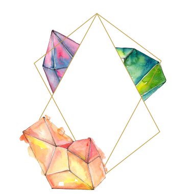 Renkli elmas kaya takı mineralleri. Suluboya arka plan illüstrasyon seti. Çerçeve kenarlık süs karesi.