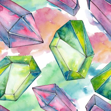 Renkli elmas taş takı mineraller. Suluboya kristal taş arka plan ayarlayın. Sorunsuz arka plan deseni.