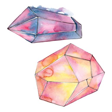 Renkli elmas taş takı mineraller. Suluboya arka plan ayarlamak. İzole kristal illüstrasyon öğesi.