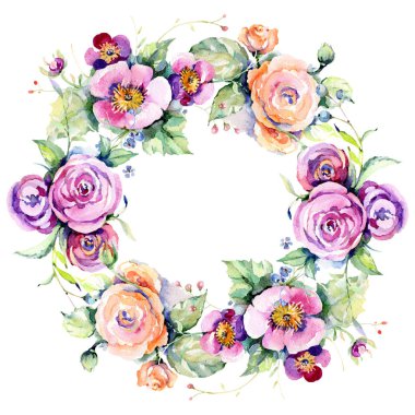 Pembe gül buketi loral botanik çiçekler. Suluboya arka plan illüstrasyon seti. Çerçeve kenarlık süs karesi.