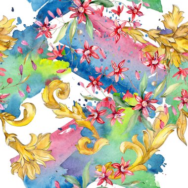 Kırmızı çiçek botanik çiçek buketi. Suluboya arka plan illüstrasyon seti. Kesintisiz arka plan deseni.