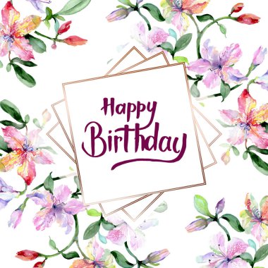 Menekşe alstroemeria buketi botanik çiçekler. Suluboya arka plan illüstrasyon seti. Çerçeve kenarlık süs karesi.