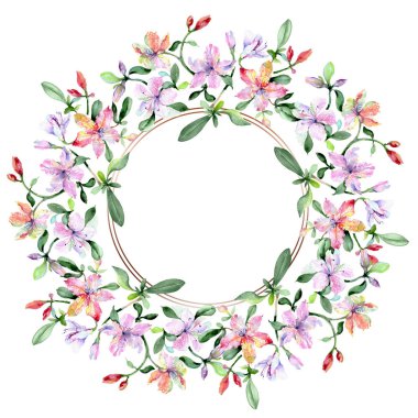 Menekşe alstroemeria buketi botanik çiçekler. Suluboya arka plan illüstrasyon seti. Çerçeve kenarlık süs karesi.