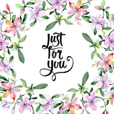 Menekşe alstroemeria buketi botanik çiçekler. Suluboya arka plan illüstrasyon seti. Çerçeve kenarlık süs karesi.