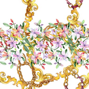 Menekşe alstroemeria buket çiçek botanik çiçekler. Suluboya illüstrasyon seti. Kesintisiz arka plan deseni.