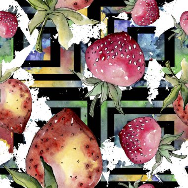 Çileksağlıklı yemek. Suluboya arka plan illüstrasyon seti. Kesintisiz arka plan deseni.