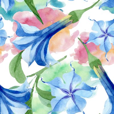Mavi brugmansia çiçek botanik çiçekleri. Suluboya arka plan illüstrasyon seti. Kesintisiz arka plan deseni.