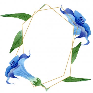 Mavi brugmansia çiçek botanik çiçekleri. Suluboya arka plan illüstrasyon seti. Çerçeve kenarlık süs karesi.