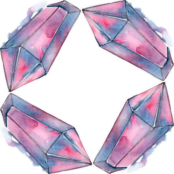 다채로운 다이아몬드 바위 보석 미네랄. 수채화 배경 일러스트 세트입니다. 프레임 테두리 장식 광장. — 스톡 사진