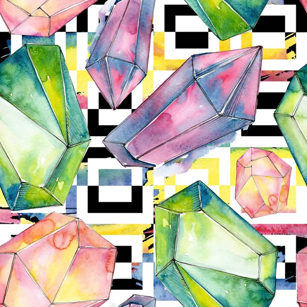 Colorful diamond rock jewelry minerals. Watercolor crystal stone background set. Seamless background pattern. — Stock Photo, Image