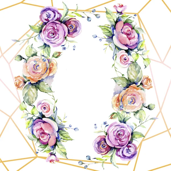 Pembe gül buketi loral botanik çiçekler. Suluboya arka plan illüstrasyon seti. Çerçeve kenarlık süs karesi.