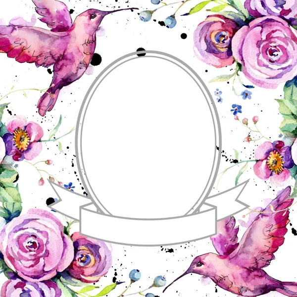 ピンクのバラの花束のローラル植物の花。●水彩背景イラストセット。フレームボーダーオーナメント正方形. — ストック写真