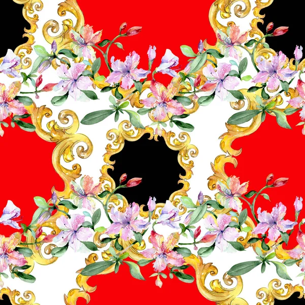 Βιολετί Alstroemeria ανθοδέσμη floral βοτανικών λουλουδιών. Σετ εικονογράφησης. Ομαλή μοτίβο φόντου. — Φωτογραφία Αρχείου