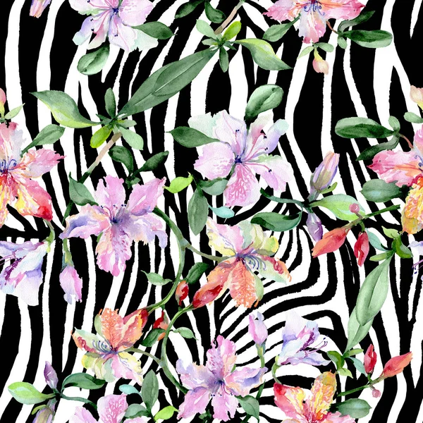 Menekşe alstroemeria buket çiçek botanik çiçekler. Suluboya illüstrasyon seti. Kesintisiz arka plan deseni.