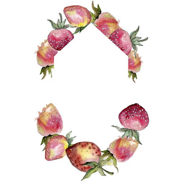 Comida saludable de fresa. Conjunto de ilustración de fondo acuarela. Marco borde ornamento cuadrado . — Foto de Stock
