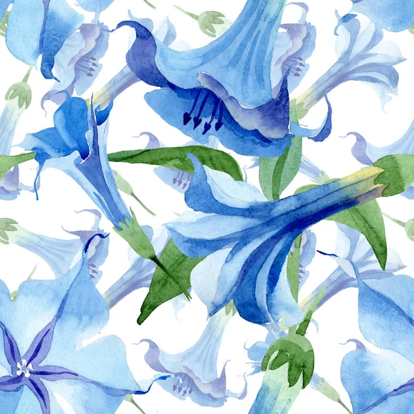 Blauwe Brugmansia bloemen botanische bloemen. Aquarel achtergrond illustratie instellen. Naadloos achtergrond patroon. — Stockfoto