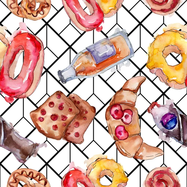 Tasty cake and bun in a watercolor style food. Watercolour illustration set. Seamless background pattern. — Stock Photo, Image