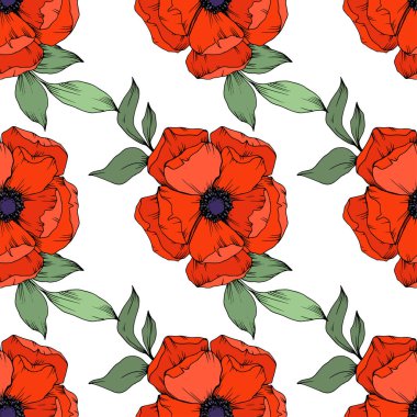 Anemon çiçek botanik çiçekleri. Siyah ve beyaz oyulmuş mürekkep sanatı. Kesintisiz arka plan deseni.