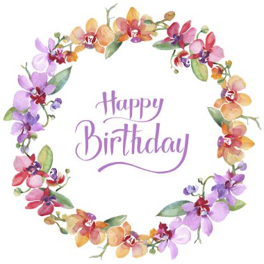 Orkide buketleri çiçek botanik çiçekler. Suluboya arka plan illüstrasyon seti. Çerçeve kenarlık süs karesi.