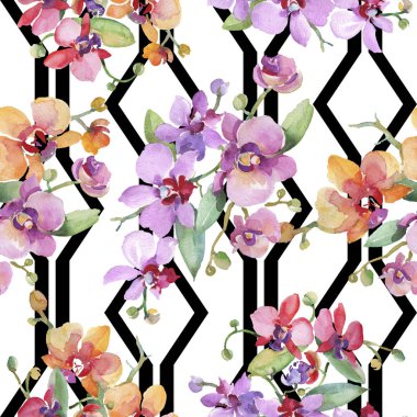 Orkide buketleri çiçek botanik çiçekler. Suluboya arka plan illüstrasyon seti. Kesintisiz arka plan deseni.