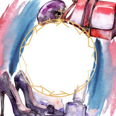 Bir suluboya stil öğesi moda kroki. Suluboya arka plan illüstrasyon ayarlayın. Çerçeve kenarlığı süsleme Meydanı.