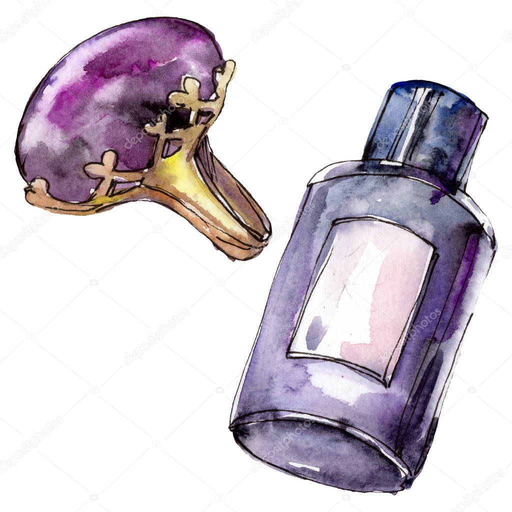 Ring and cosmetic bottle sketch glamour illustration in a watercolor style isolated element. Watercolour background set.