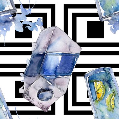 Taze ve soğuk alkolsüz içecekler. Suluboya arka plan illüstrasyon seti. Kesintisiz arka plan deseni.