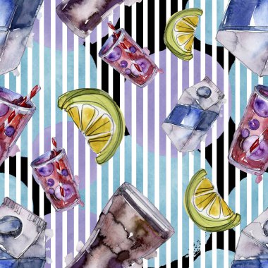 Taze ve soğuk alkolsüz içecekler. Suluboya arka plan illüstrasyon seti. Kesintisiz arka plan deseni.