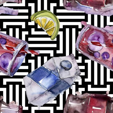 Taze ve soğuk alkolsüz içecekler. Suluboya arka plan illüstrasyon seti. Kesintisiz arka plan deseni.