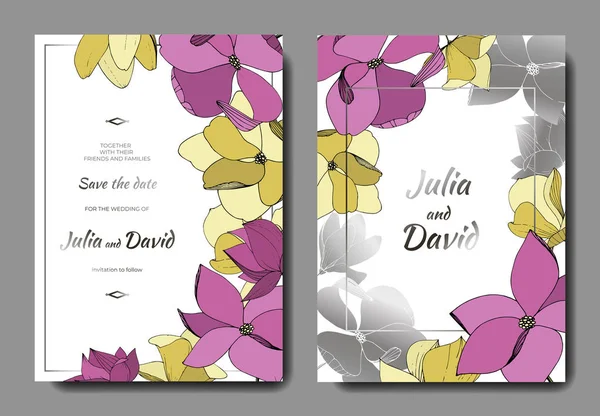 Vector Magnolia flores botánicas. Tinta grabada púrpura y amarilla. Tarjeta de fondo de boda borde decorativo floral . — Vector de stock
