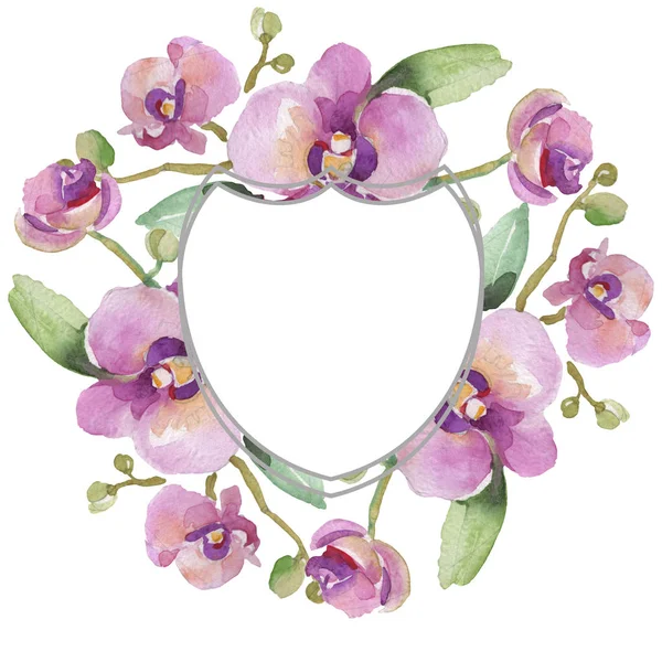 Ramos de orquídeas flores botánicas florales. Conjunto de ilustración de fondo acuarela. Marco borde ornamento cuadrado . — Foto de Stock