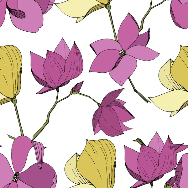 Vector Magnolia flores botánicas florales. Tinta grabada púrpura y amarilla. Patrón de fondo sin costuras . — Vector de stock