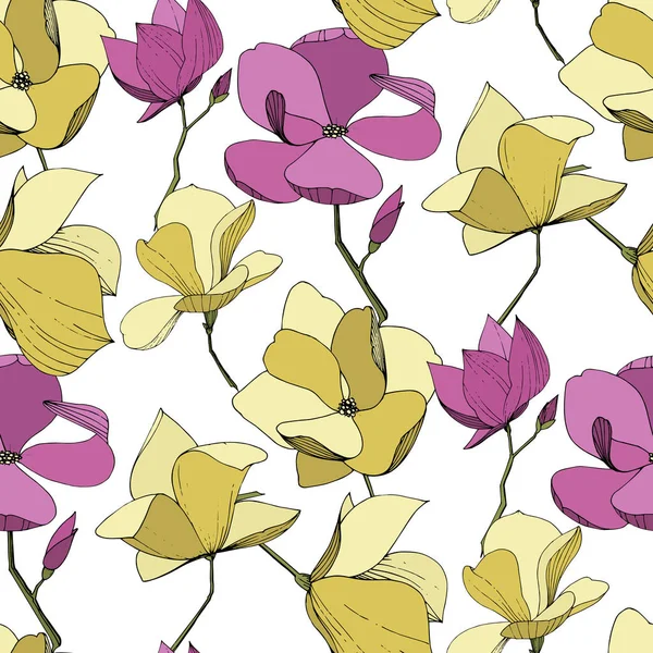 Vector Magnolia flores botánicas florales. Tinta grabada púrpura y amarilla. Patrón de fondo sin costuras . — Vector de stock