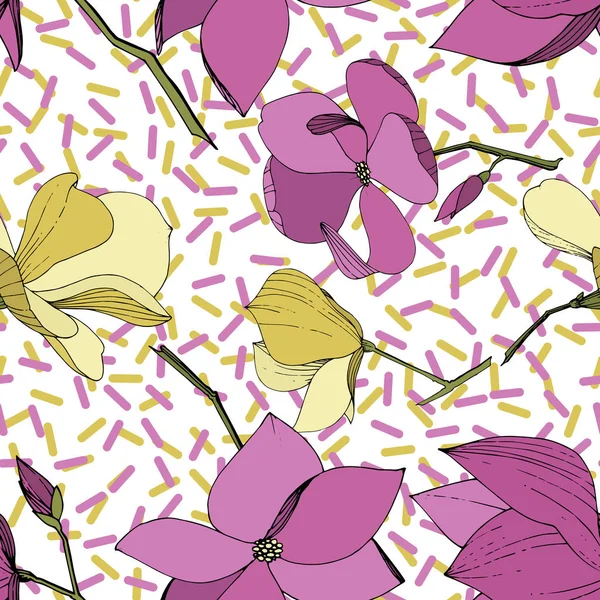 Vector Magnolia flores botánicas florales. Tinta grabada púrpura y amarilla. Patrón de fondo sin costuras . — Vector de stock