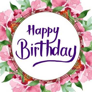 Koyu kırmızı şakayık çiçek botanik çiçekler. Suluboya arka plan illüstrasyon seti. Çerçeve kenarlık süs karesi.