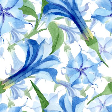 Mavi brugmansia çiçek botanik çiçekleri. Suluboya arka plan illüstrasyon seti. Kesintisiz arka plan deseni.