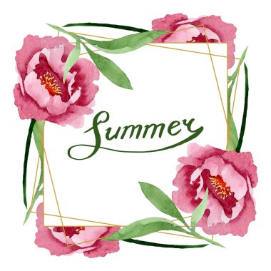 Koyu kırmızı şakayık çiçek botanik çiçekler. Suluboya arka plan illüstrasyon seti. Çerçeve kenarlık süs karesi.