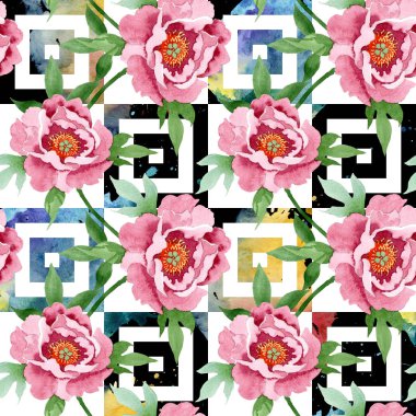 Koyu kırmızı şakayık çiçek botanik çiçekler. Suluboya arka plan illüstrasyon seti. Kesintisiz arka plan deseni.