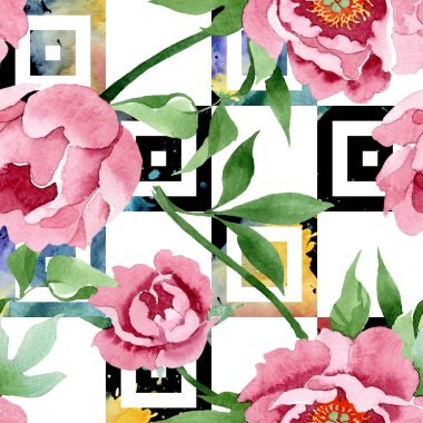 Koyu kırmızı şakayık çiçek botanik çiçekler. Suluboya arka plan illüstrasyon seti. Kesintisiz arka plan deseni.