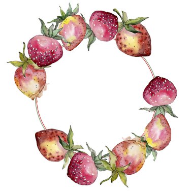 Çileksağlıklı yemek. Suluboya arka plan illüstrasyon seti. Çerçeve kenarlık süs karesi.