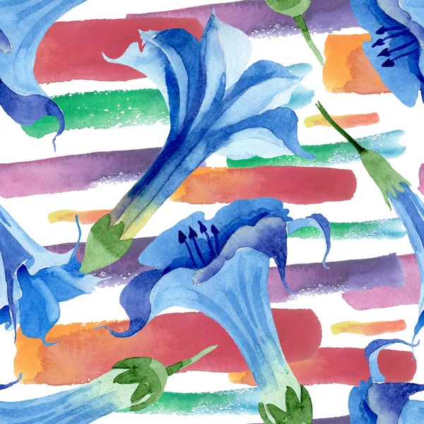 Blå Brugmansia blommiga botaniska blommor. Akvarell bakgrund illustration uppsättning. Sömlöst bakgrundsmönster. — Stockfoto