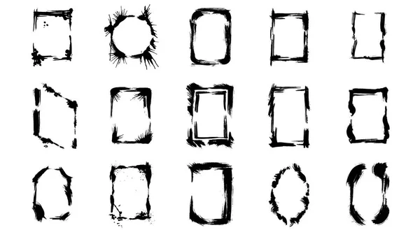 Satz trockener Bürstenrahmen. Schwarz-weiß gestochene Tuschekunst. Isoliertes Rahmenillustrationselement. — Stockvektor