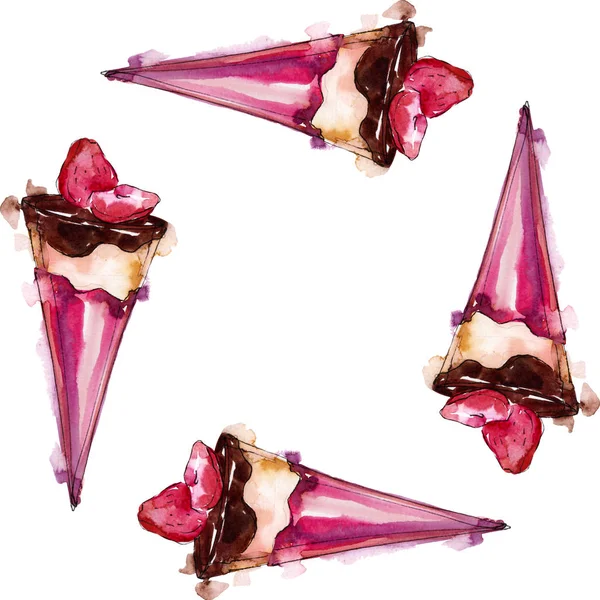 美味的水彩画式冰淇淋。水仙甜甜点背景插图。框架边框装饰正方形. — 图库照片