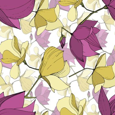 Vektör Magnolia çiçek botanik çiçekler. Mor ve sarı oyma mürekkep sanatı. Kesintisiz arka plan deseni.