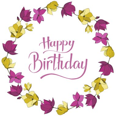 Vektör Magnolia çiçek botanik çiçekler. Mor ve sarı oyma mürekkep sanatı. Çerçeve kenarlık süs karesi.