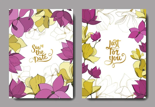 Vecteur Magnolia fleurs botaniques. Encre gravée violette et jaune. Carte de fond de mariage bordure décorative florale . — Image vectorielle